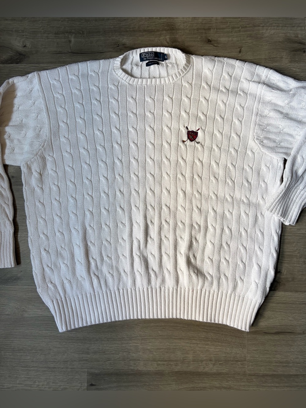 Polo Ralph Lauren White Cable Knit Sweater with Golf Crest Embroidered Patch- XL - Picture 7 of 8